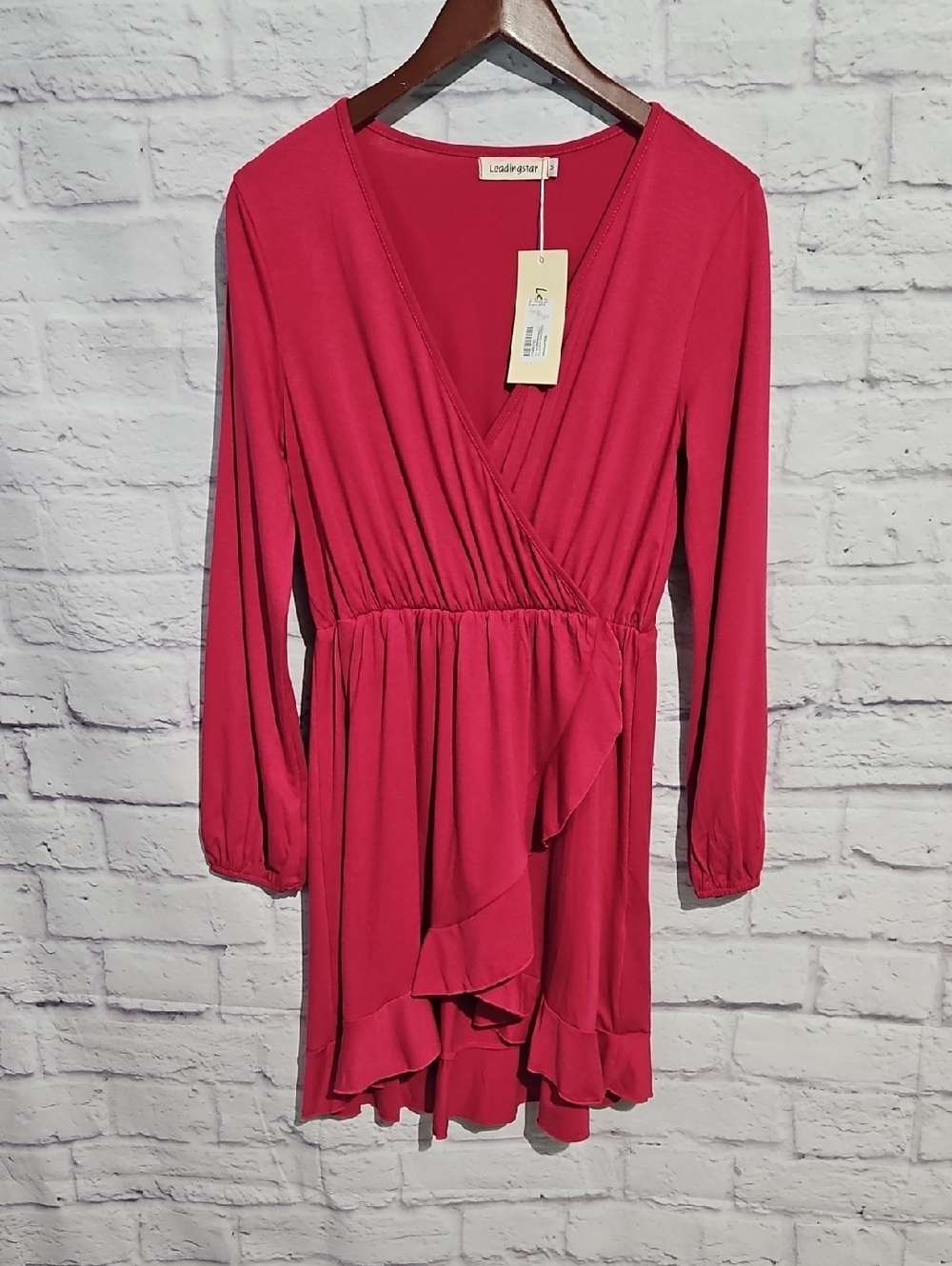 Hot Pink Long Sleeve Faux Wrap Dress